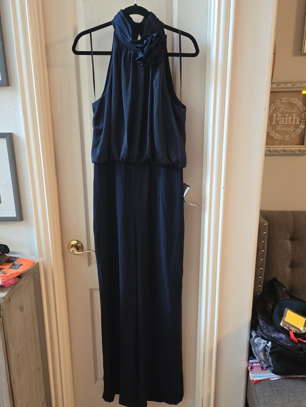 Eliza J Navy Halter Jumpsuit with Rosette Neck Accent NWT Size 12